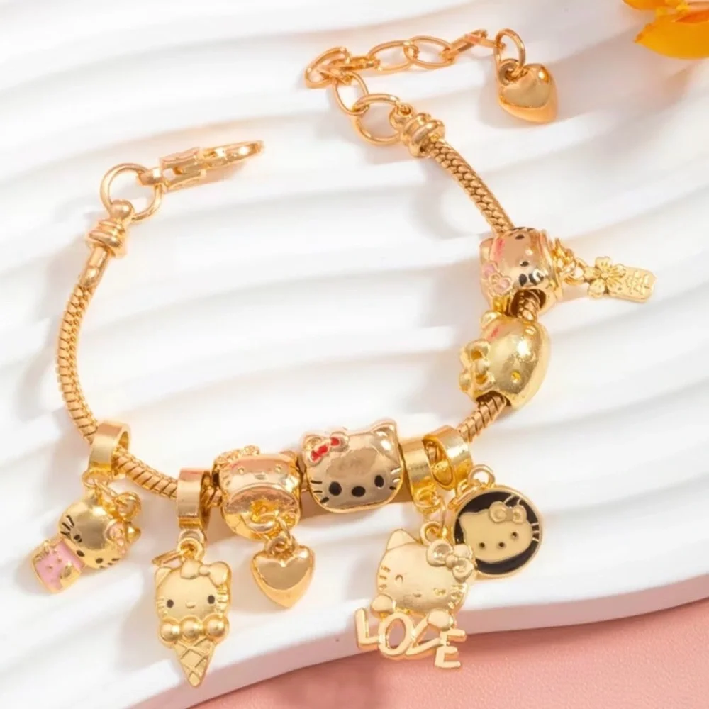 Sanrio Gold Hello Kitty Charm Beaded Bracelet JapaneseAnime Hello Kitty Core Y2K